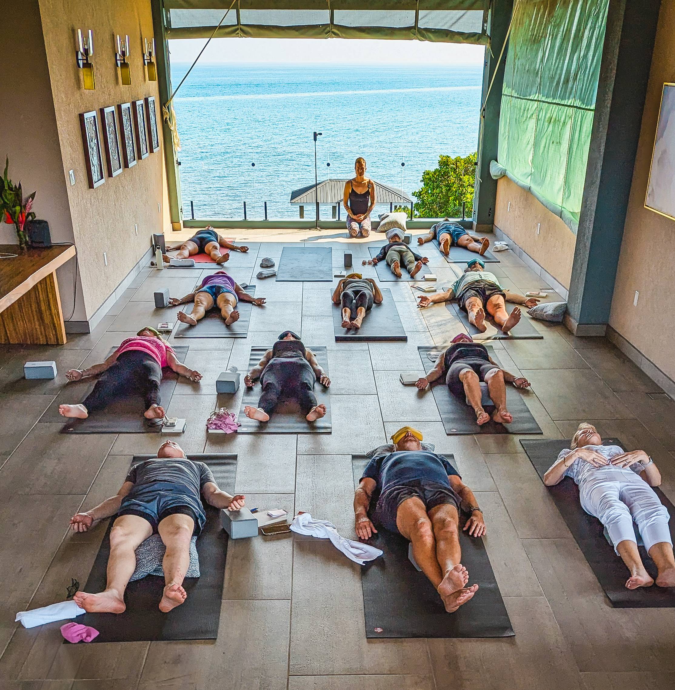 overhead view of yoga class
