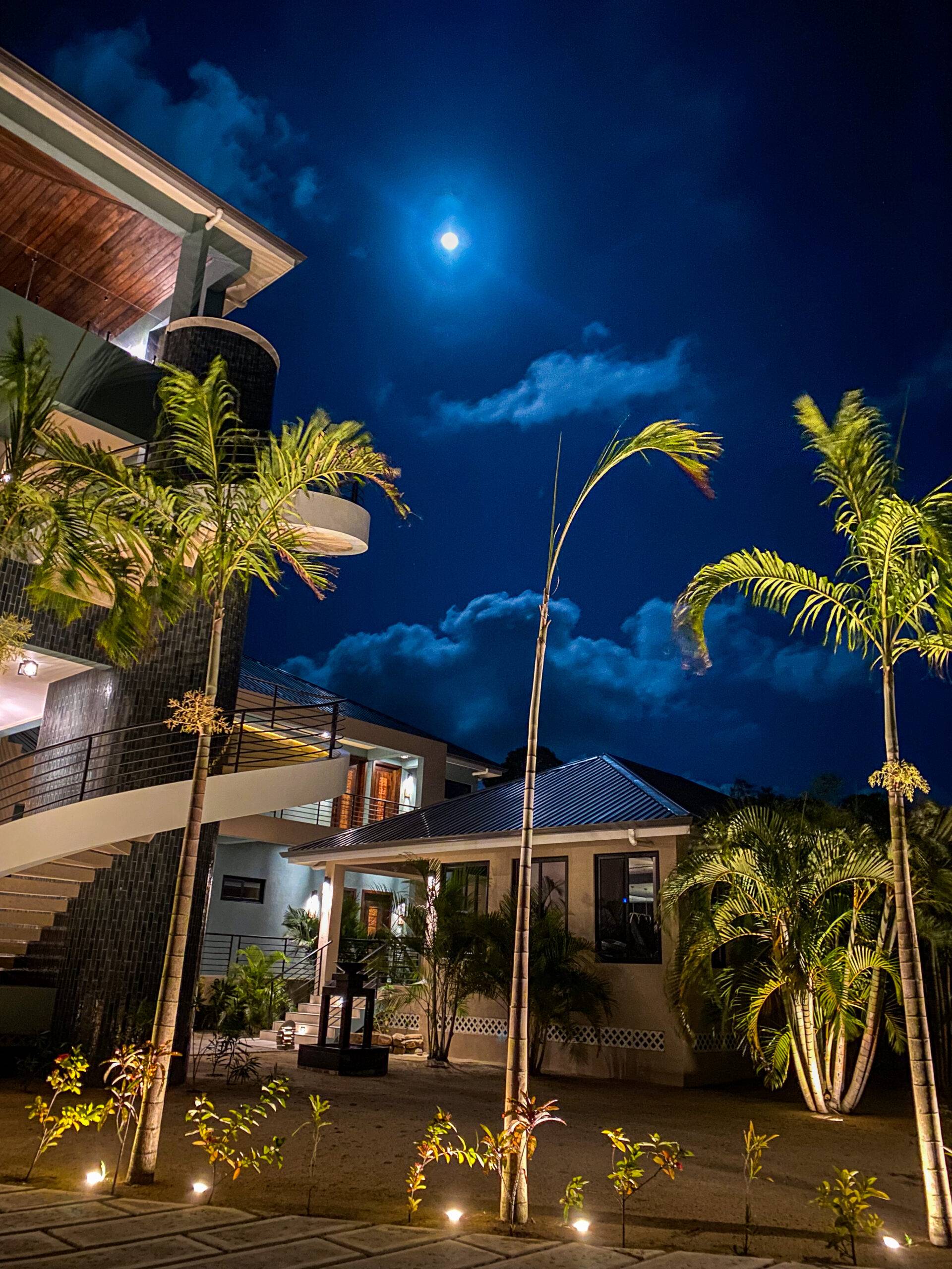 moon over palm trees and hotel at wellness retreat in Belize