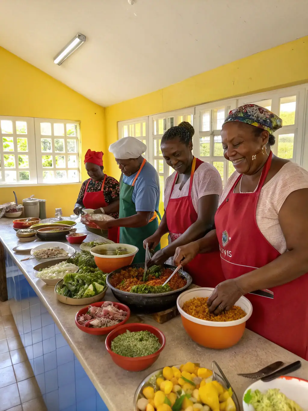 team of cooks preparing meal at wellness retreat