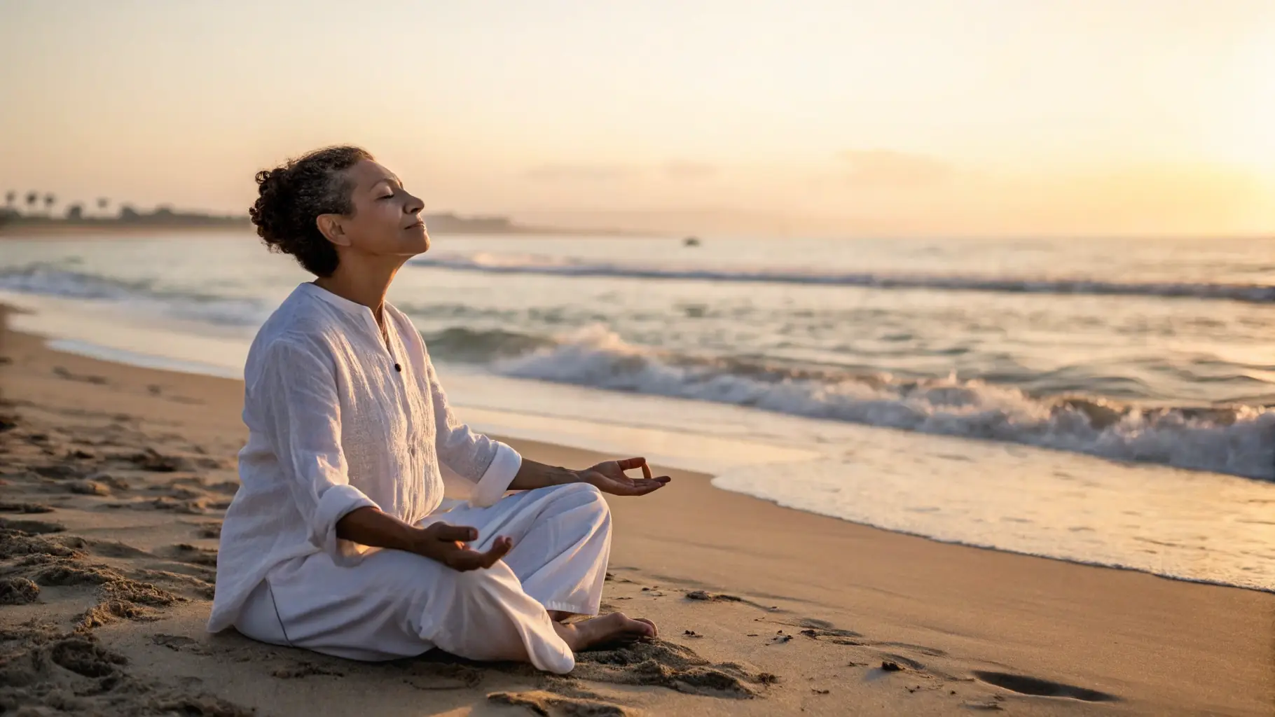 woman meditating on beach at retreat