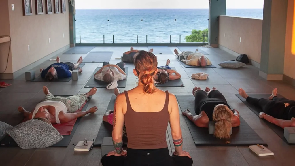 Mara - Yoga on the spa deck, Host a Wellness Retreat